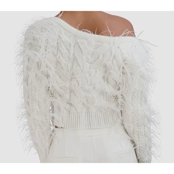 Bcbgmaxazria Women's White Feathered Pullover Cropped Cable Knit Sweater Size XS - Picture 2 of 9